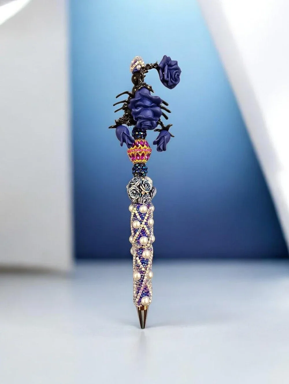 Decorative Blue Rose Beaded Pen — Elegant Embellished Writing Pen